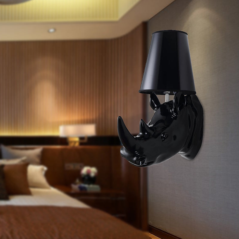 Rhinoceros Resin Sconce Light Country Single Bulb Corridor Wall Mounted Lamp in Black/White with Cone Fabric Shade Black Clearhalo 'Wall Lamps & Sconces' 'Wall Lights' Lighting' 231831