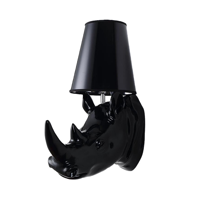 Rhinoceros Resin Sconce Light Country Single Bulb Corridor Wall Mounted Lamp in Black/White with Cone Fabric Shade Clearhalo 'Wall Lamps & Sconces' 'Wall Lights' Lighting' 231833