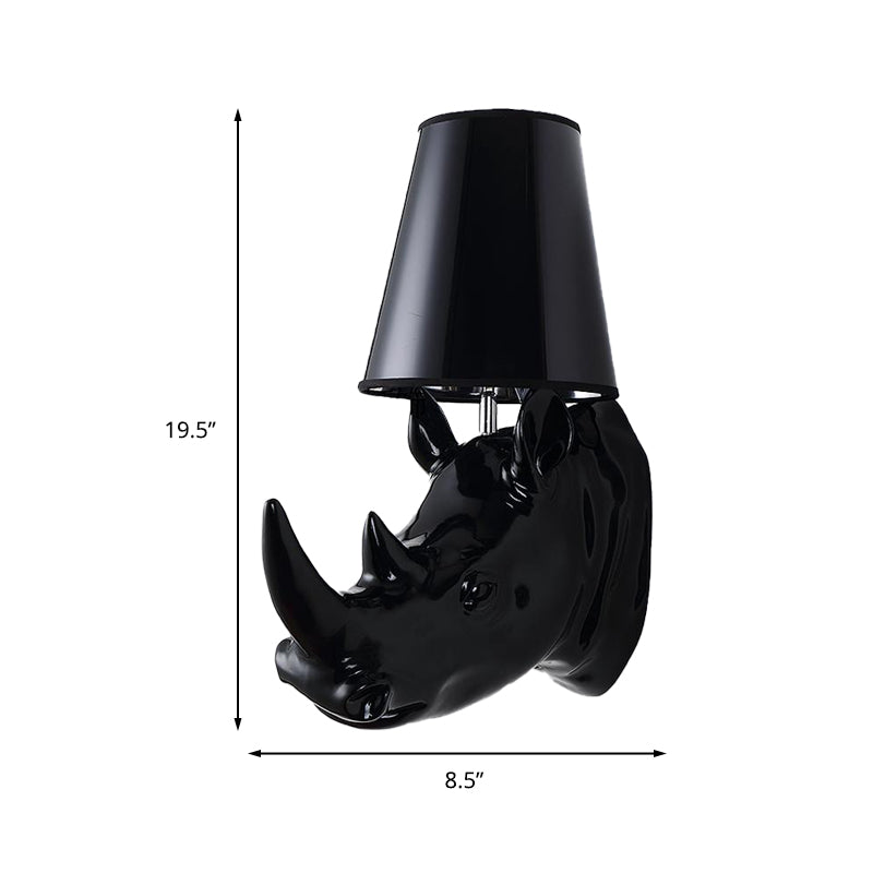 Rhinoceros Resin Sconce Light Country Single Bulb Corridor Wall Mounted Lamp in Black/White with Cone Fabric Shade Clearhalo 'Wall Lamps & Sconces' 'Wall Lights' Lighting' 231834