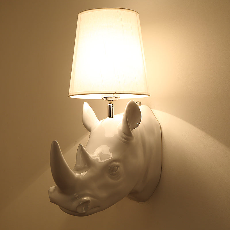 Rhinoceros Resin Sconce Light Country Single Bulb Corridor Wall Mounted Lamp in Black/White with Cone Fabric Shade White Clearhalo 'Wall Lamps & Sconces' 'Wall Lights' Lighting' 231835