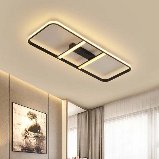 Modern Led Semi Flush Lighting with Metal Shade Black Rectangle Semi Flush Mount Ceiling Lamp in White/Warm Light, 12"/23.5" Wide Black 12" Warm Clearhalo 'Ceiling Lights' 'Close To Ceiling Lights' 'Close to ceiling' Lighting' 231877