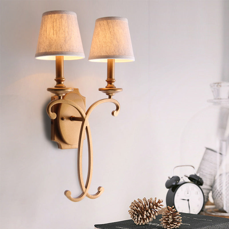 Country Cone Sconce Light Fixture 2-Light Metal and Fabric Wall Mount Lighting in Brass for Bedroom Brass Clearhalo 'Wall Lamps & Sconces' 'Wall Lights' Lighting' 231905