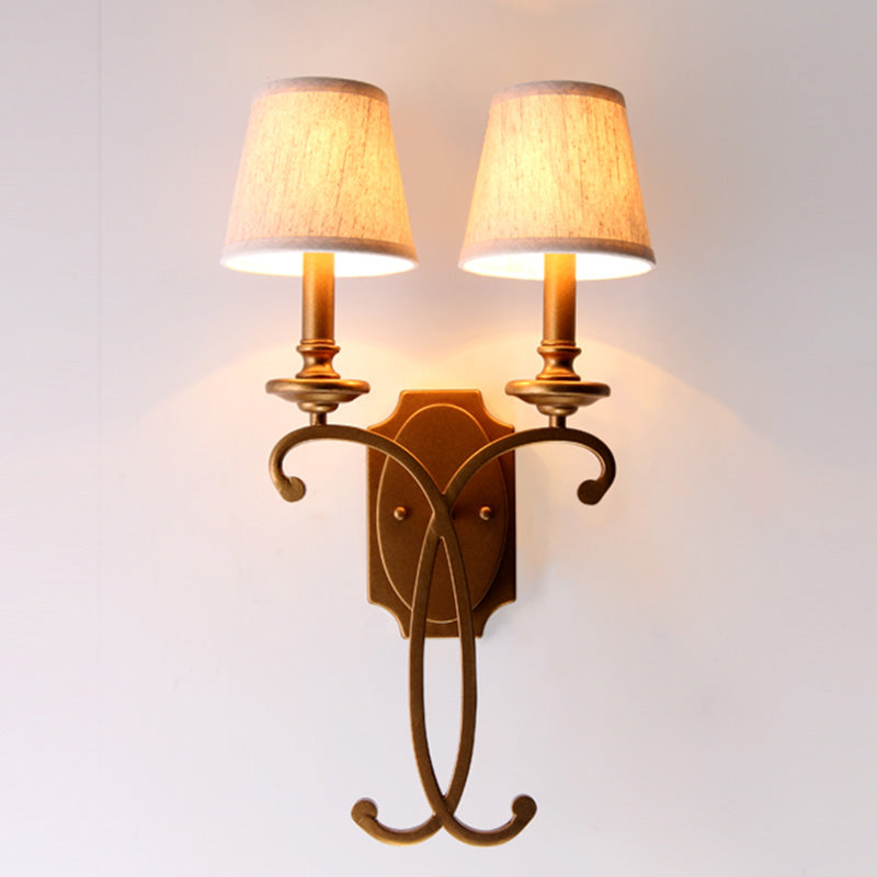 Country Cone Sconce Light Fixture 2-Light Metal and Fabric Wall Mount Lighting in Brass for Bedroom Clearhalo 'Wall Lamps & Sconces' 'Wall Lights' Lighting' 231906