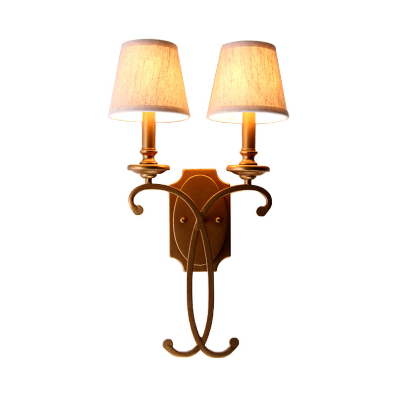 Country Cone Sconce Light Fixture 2-Light Metal and Fabric Wall Mount Lighting in Brass for Bedroom Clearhalo 'Wall Lamps & Sconces' 'Wall Lights' Lighting' 231907