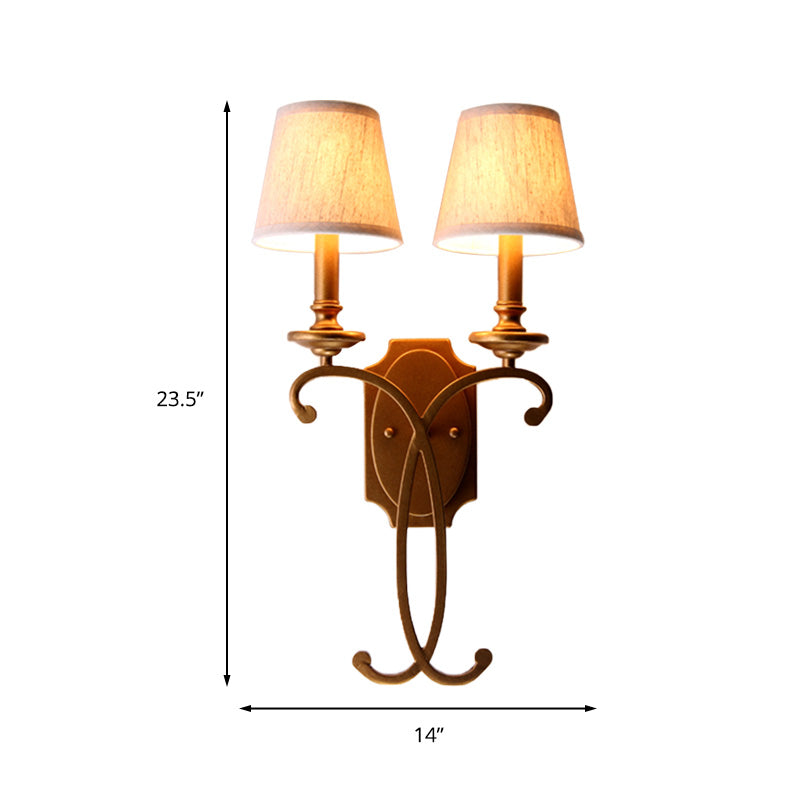 Country Cone Sconce Light Fixture 2-Light Metal and Fabric Wall Mount Lighting in Brass for Bedroom Clearhalo 'Wall Lamps & Sconces' 'Wall Lights' Lighting' 231908