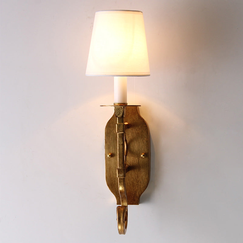 1 Light Wall Lamp Lighting Country Cone Fabric Sconce Light Fixture in Brass with Metal Backplate Clearhalo 'Wall Lamps & Sconces' 'Wall Lights' Lighting' 231911