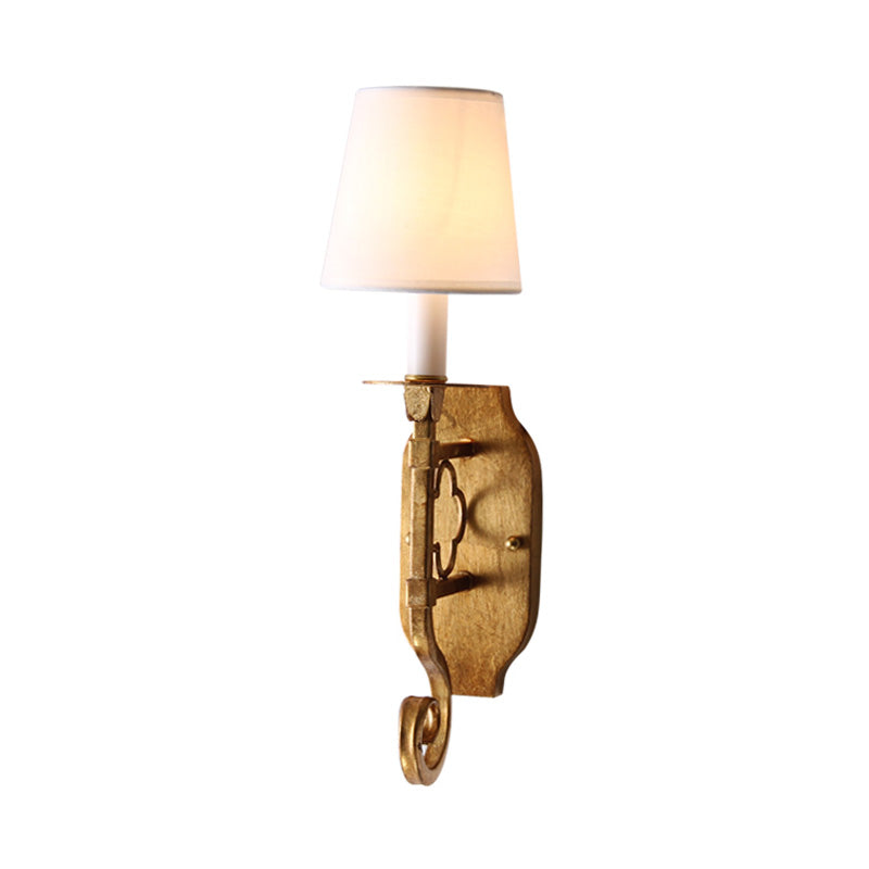 1 Light Wall Lamp Lighting Country Cone Fabric Sconce Light Fixture in Brass with Metal Backplate Clearhalo 'Wall Lamps & Sconces' 'Wall Lights' Lighting' 231912