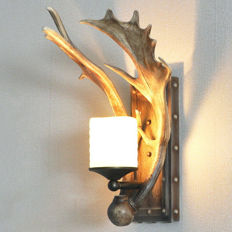 One Bulb Resin Wall Lighting Country White/Wood Elk Dining Room Sconce Light Fixture with Frosted Glass Shade Wood Clearhalo 'Wall Lamps & Sconces' 'Wall Lights' Lighting' 231955