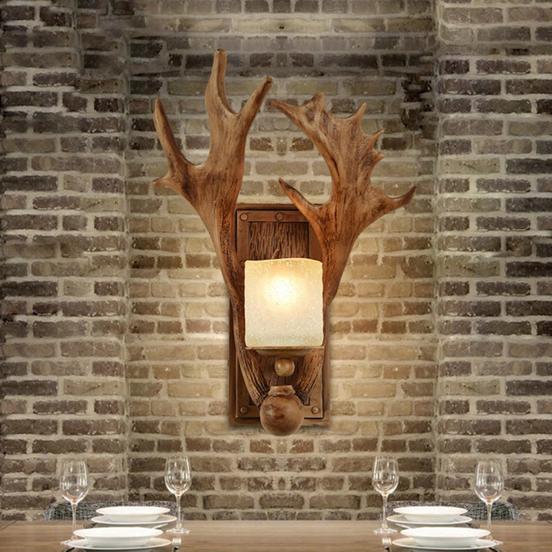 Resin Beige Sconce Light Fixture Elk 1-Light Rustic Wall Mounted Lighting for Dining Room with Wood Backplate Wood Clearhalo 'Wall Lamps & Sconces' 'Wall Lights' Lighting' 231958