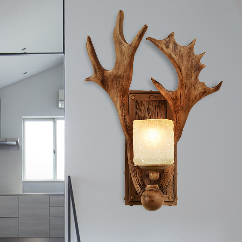 Resin Beige Sconce Light Fixture Elk 1-Light Rustic Wall Mounted Lighting for Dining Room with Wood Backplate Clearhalo 'Wall Lamps & Sconces' 'Wall Lights' Lighting' 231959