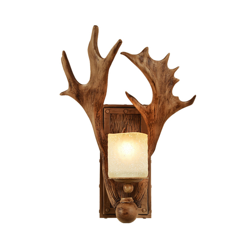 Resin Beige Sconce Light Fixture Elk 1-Light Rustic Wall Mounted Lighting for Dining Room with Wood Backplate Clearhalo 'Wall Lamps & Sconces' 'Wall Lights' Lighting' 231960