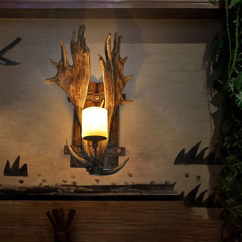 1 Light Resin Wall Lamp Rustic Wood Antler Dining Room Sconce Light Fixture with Frosted Glass Shade Wood Clearhalo 'Wall Lamps & Sconces' 'Wall Lights' Lighting' 231962