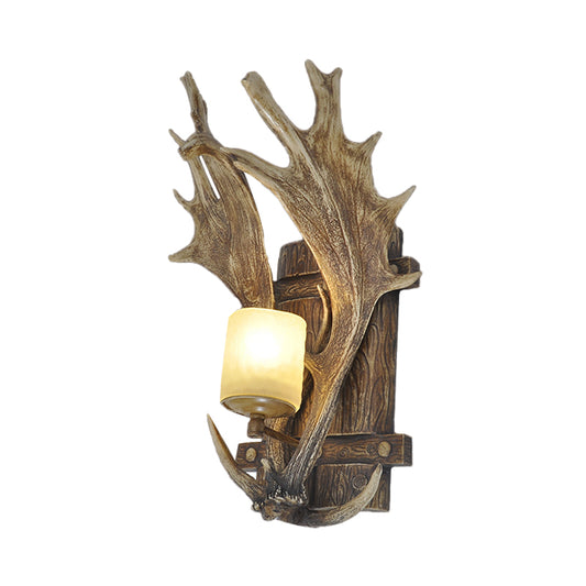 1 Light Resin Wall Lamp Rustic Wood Antler Dining Room Sconce Light Fixture with Frosted Glass Shade Clearhalo 'Wall Lamps & Sconces' 'Wall Lights' Lighting' 231964