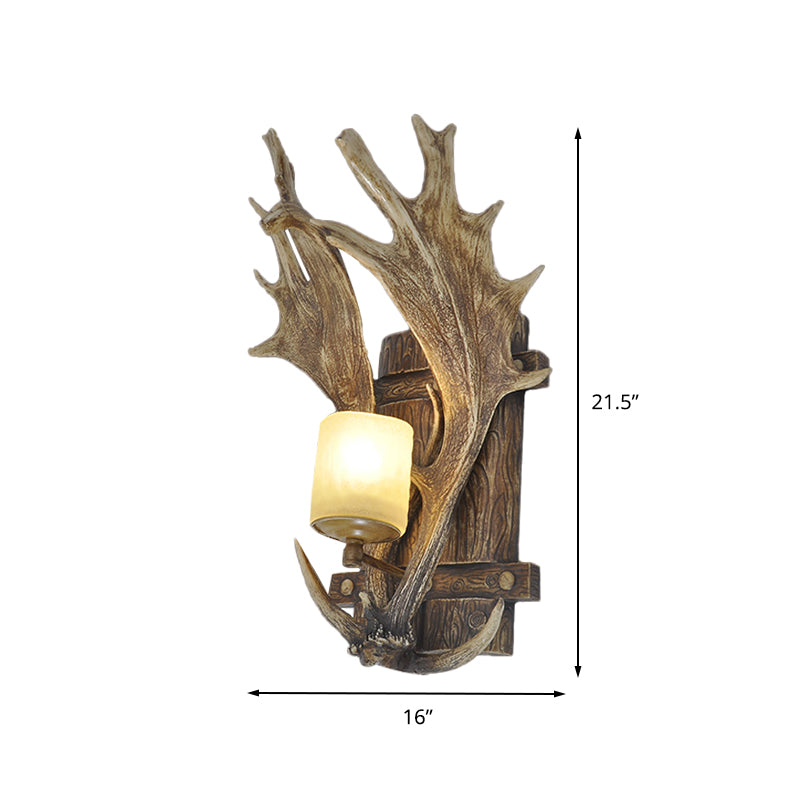 1 Light Resin Wall Lamp Rustic Wood Antler Dining Room Sconce Light Fixture with Frosted Glass Shade Clearhalo 'Wall Lamps & Sconces' 'Wall Lights' Lighting' 231965