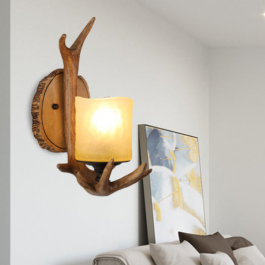 Wood 1 Light Sconce Light Country Resin Antler Wall Lighting Fixture for Living Room with Frosted Glass Shade Clearhalo 'Wall Lamps & Sconces' 'Wall Lights' Lighting' 231977