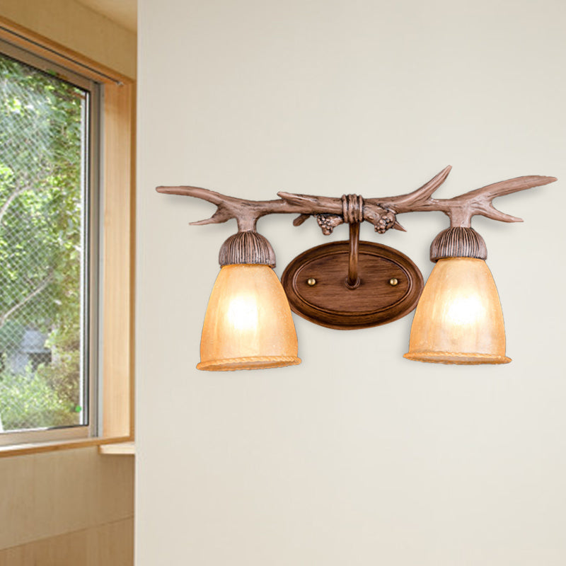 Dark Wood Cone Wall Lighting Rustic Resin and Glass 2-Light Corridor Sconce Lamp with Antler Deco Dark Wood Clearhalo 'Wall Lamps & Sconces' 'Wall Lights' Lighting' 231988