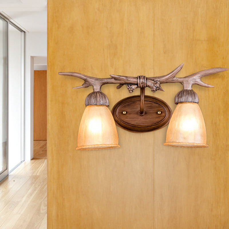 Dark Wood Cone Wall Lighting Rustic Resin and Glass 2-Light Corridor Sconce Lamp with Antler Deco Clearhalo 'Wall Lamps & Sconces' 'Wall Lights' Lighting' 231989