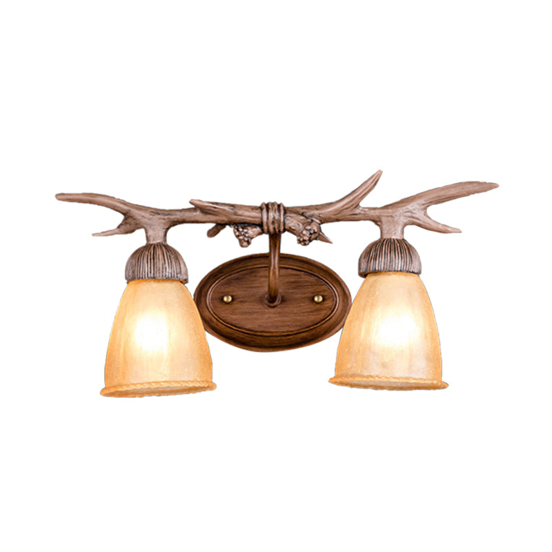 Dark Wood Cone Wall Lighting Rustic Resin and Glass 2-Light Corridor Sconce Lamp with Antler Deco Clearhalo 'Wall Lamps & Sconces' 'Wall Lights' Lighting' 231990