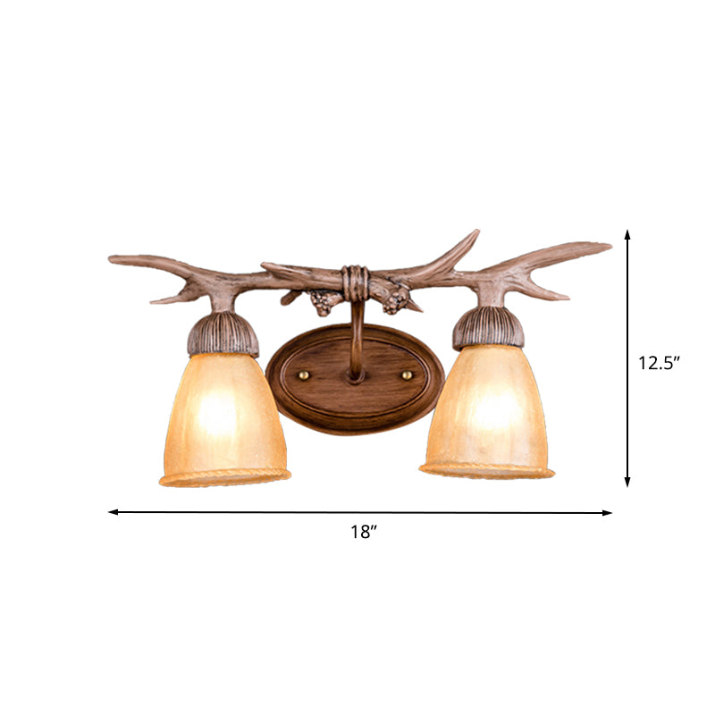 Dark Wood Cone Wall Lighting Rustic Resin and Glass 2-Light Corridor Sconce Lamp with Antler Deco Clearhalo 'Wall Lamps & Sconces' 'Wall Lights' Lighting' 231991