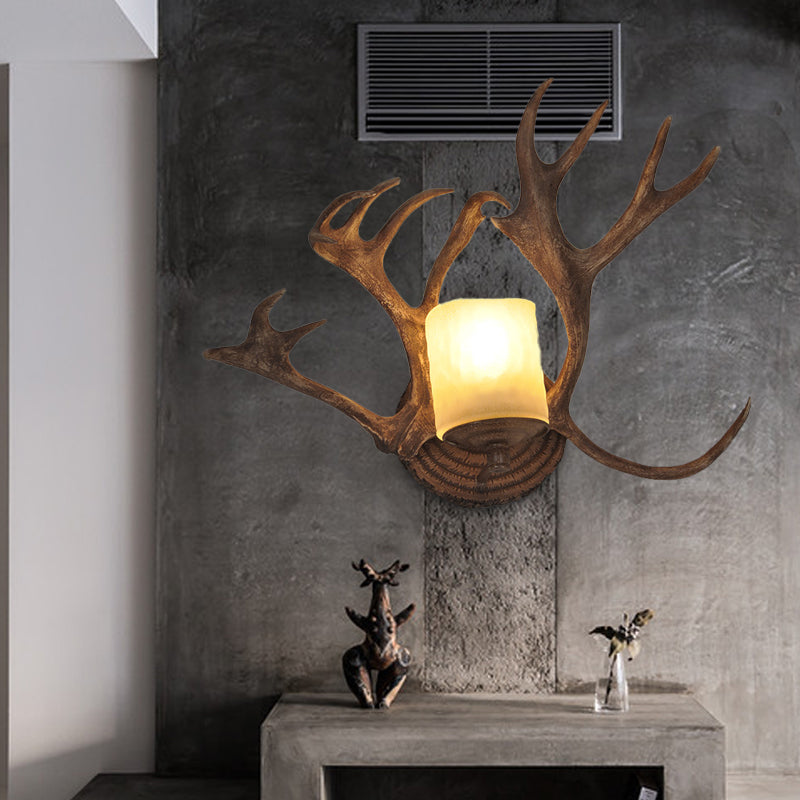 Rustic Drum Sconce Lamp 1 Bulb Resin and Frosted Glass Wall Mounted Light in Wood for Bathroom with Antler Deco Wood Clearhalo 'Wall Lamps & Sconces' 'Wall Lights' Lighting' 232001