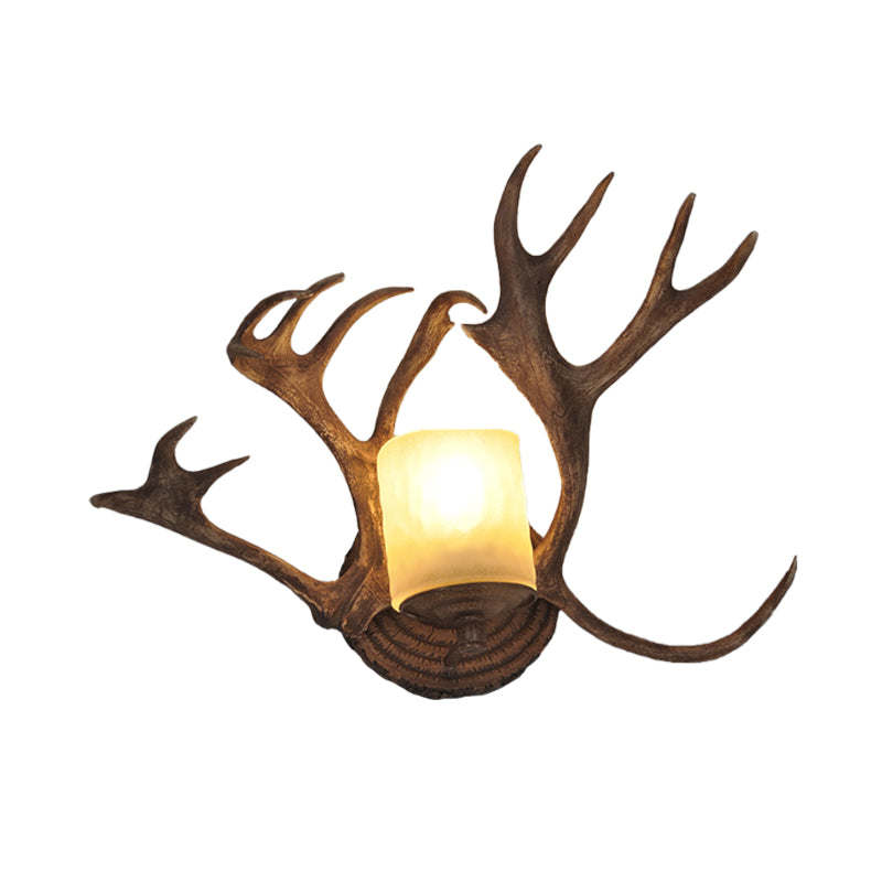 Rustic Drum Sconce Lamp 1 Bulb Resin and Frosted Glass Wall Mounted Light in Wood for Bathroom with Antler Deco Clearhalo 'Wall Lamps & Sconces' 'Wall Lights' Lighting' 232003