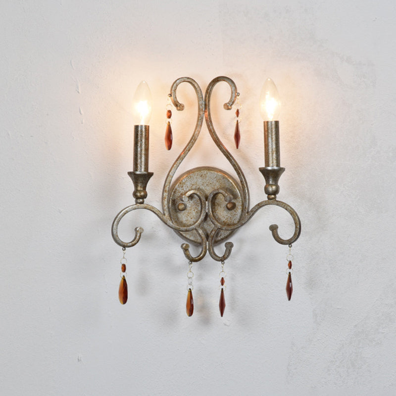 Metal Exposed Bulb Sconce Lighting Rustic 2 Lights Living Room Wall Mounted Lamp in Aged Silver Clearhalo 'Wall Lamps & Sconces' 'Wall Lights' Lighting' 232030