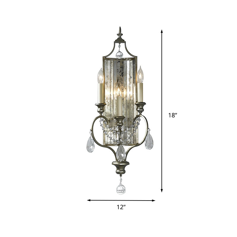 Silver Candelabrum Sconce Light Country Metal 3-Light Bedroom Wall Mount Lighting with Crystal Drop Clearhalo 'Wall Lamps & Sconces' 'Wall Lights' Lighting' 232045