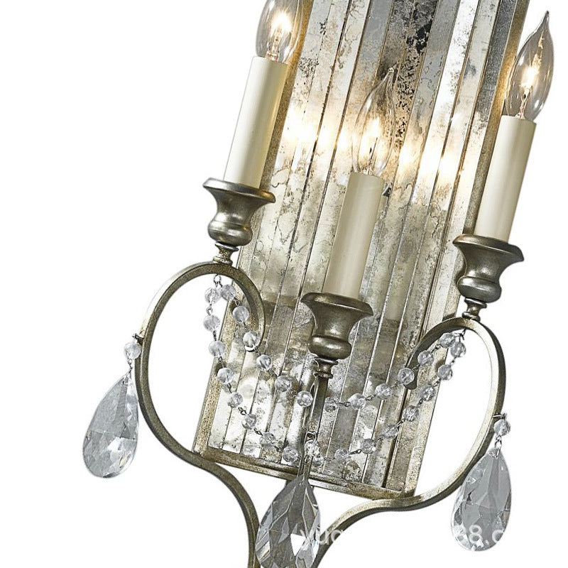 Silver Candelabrum Sconce Light Country Metal 3-Light Bedroom Wall Mount Lighting with Crystal Drop Clearhalo 'Wall Lamps & Sconces' 'Wall Lights' Lighting' 232046