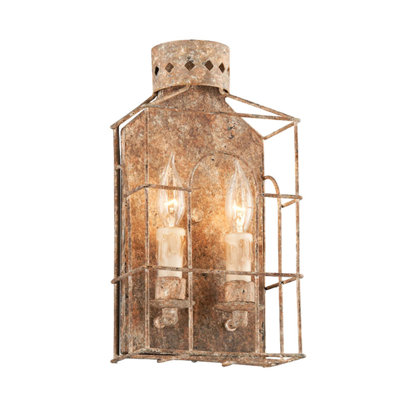 Country Candle Sconce Light Fixture 2-Bulb Metal Wall Mount Lighting in Rust for Indoor with Cage Clearhalo 'Wall Lamps & Sconces' 'Wall Lights' Lighting' 232050