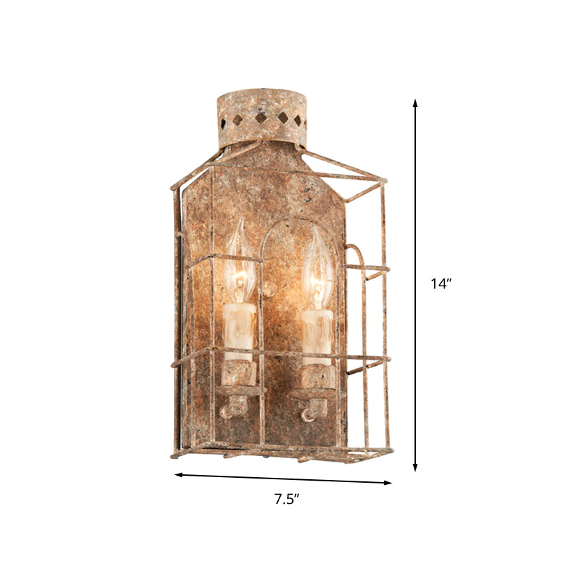 Country Candle Sconce Light Fixture 2-Bulb Metal Wall Mount Lighting in Rust for Indoor with Cage Clearhalo 'Wall Lamps & Sconces' 'Wall Lights' Lighting' 232051