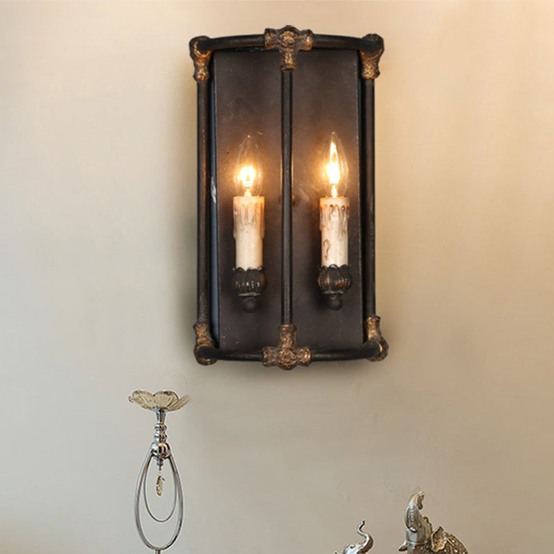 2 Lights Wall Lamp Lighting Country Candle Metal Sconce Light Fixture in Black with Frame Black Clearhalo 'Wall Lamps & Sconces' 'Wall Lights' Lighting' 232052