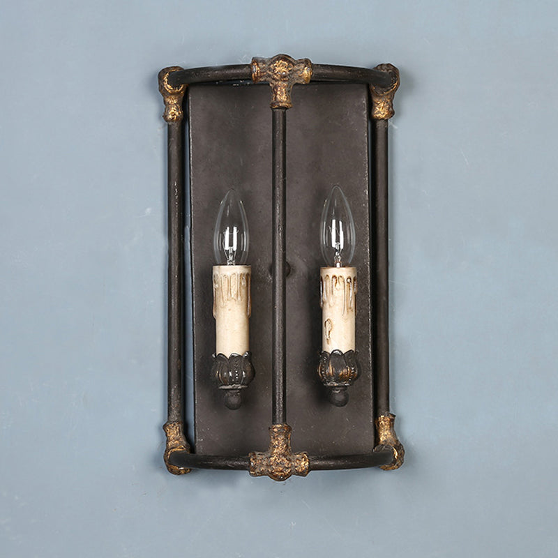 2 Lights Wall Lamp Lighting Country Candle Metal Sconce Light Fixture in Black with Frame Clearhalo 'Wall Lamps & Sconces' 'Wall Lights' Lighting' 232053