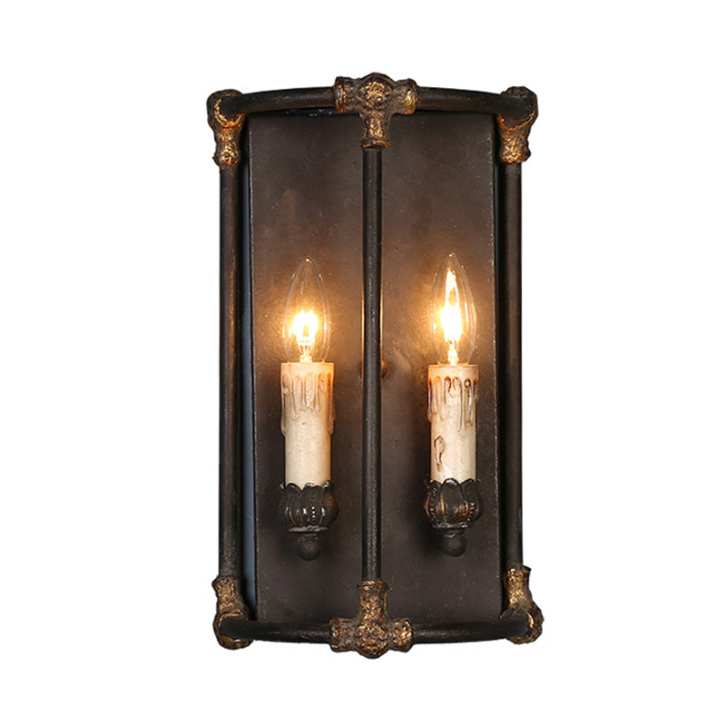 2 Lights Wall Lamp Lighting Country Candle Metal Sconce Light Fixture in Black with Frame Clearhalo 'Wall Lamps & Sconces' 'Wall Lights' Lighting' 232054