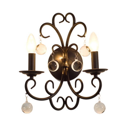 Metal Black Sconce Light Fixture Candle 2-Light Rustic Wall Mounted Lighting for Dining Room with Clear Crystal Ball Clearhalo 'Wall Lamps & Sconces' 'Wall Lights' Lighting' 232065