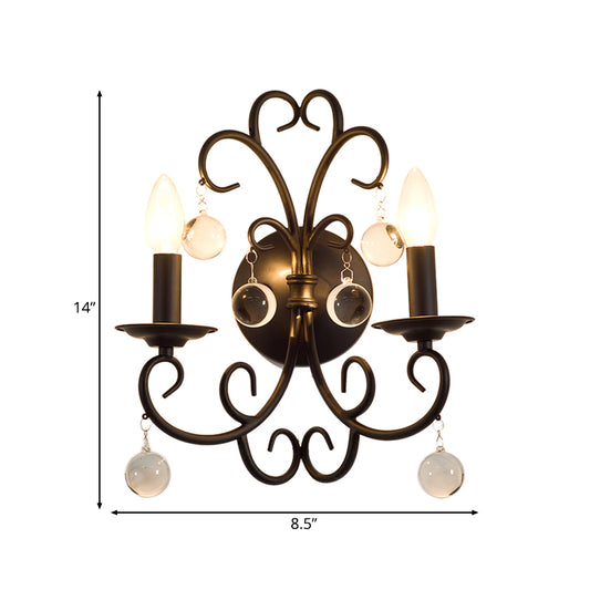 Metal Black Sconce Light Fixture Candle 2-Light Rustic Wall Mounted Lighting for Dining Room with Clear Crystal Ball Clearhalo 'Wall Lamps & Sconces' 'Wall Lights' Lighting' 232066