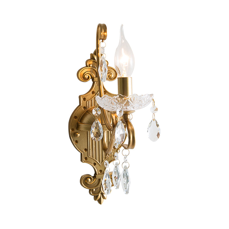 1/2 Lights Metal Wall Lamp Vintage Gold Candle Living Room Sconce Light Fixture with Crystal Draping Clearhalo 'Wall Lamps & Sconces' 'Wall Lights' Lighting' 232082