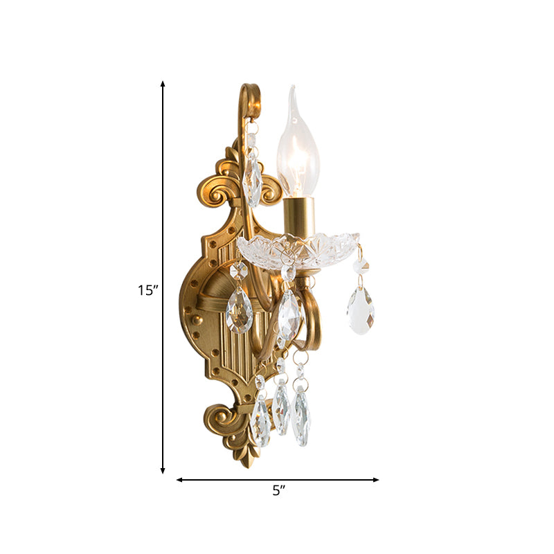 1/2 Lights Metal Wall Lamp Vintage Gold Candle Living Room Sconce Light Fixture with Crystal Draping Clearhalo 'Wall Lamps & Sconces' 'Wall Lights' Lighting' 232083