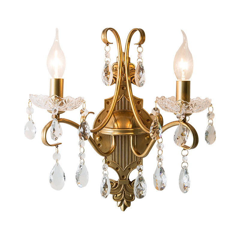 1/2 Lights Metal Wall Lamp Vintage Gold Candle Living Room Sconce Light Fixture with Crystal Draping Clearhalo 'Wall Lamps & Sconces' 'Wall Lights' Lighting' 232086