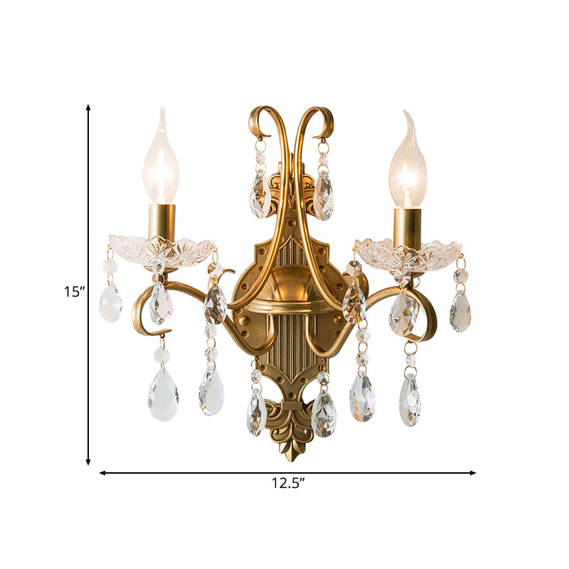 1/2 Lights Metal Wall Lamp Vintage Gold Candle Living Room Sconce Light Fixture with Crystal Draping Clearhalo 'Wall Lamps & Sconces' 'Wall Lights' Lighting' 232087