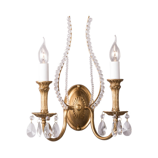 Candle Bedroom Wall Lamp Country Metal 2 Lights Gold Sconce Light Fixture with Crystal Accents Clearhalo 'Wall Lamps & Sconces' 'Wall Lights' Lighting' 232108