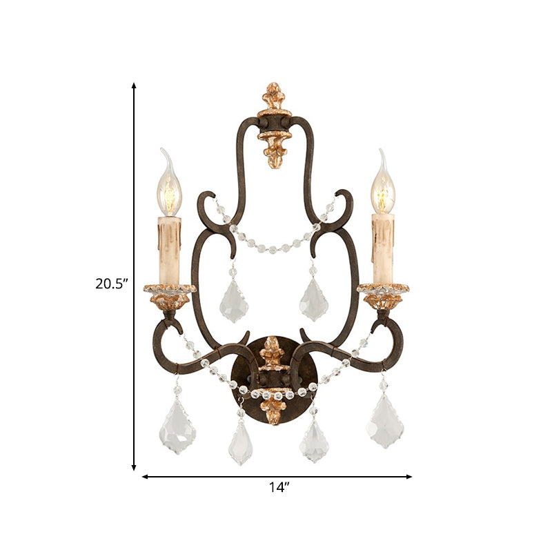 Black 2 Lights Sconce Light Rustic Metal Candle Wall Lighting Fixture for Living Room with Clear Crystal Decoration Clearhalo 'Wall Lamps & Sconces' 'Wall Lights' Lighting' 232113