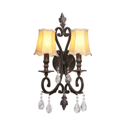 Rust Scalloped Sconce Traditional Metal 2 Lights Indoor Wall Mount Lighting with Fabric Shade and Crystal Accents Clearhalo 'Wall Lamps & Sconces' 'Wall Lights' Lighting' 232134