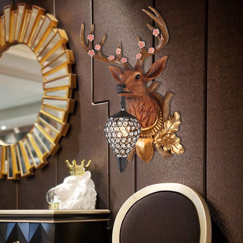 1 Light Elk Vanity Lamp Country Brown/White Resin Sconce Light for Bathroom with Teardrop Crystal Shade Clearhalo 'Wall Lamps & Sconces' 'Wall Lights' Lighting' 232162