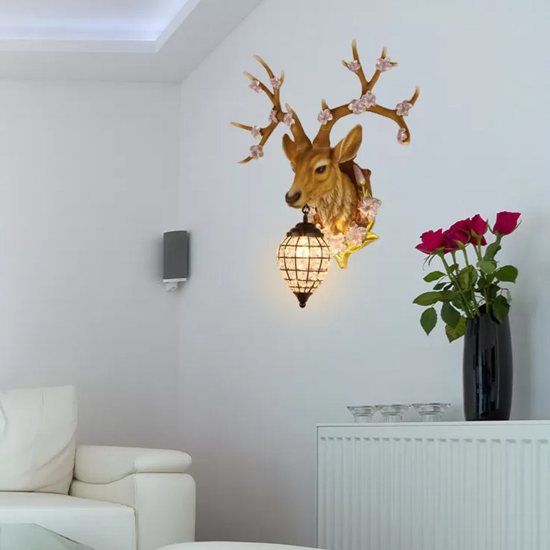 1 Light Resin Wall Lighting Country White/Yellow/Brown Deer Living Room Sconce Light Fixture with Teardrop Crystal Shade Yellow Clearhalo 'Wall Lamps & Sconces' 'Wall Lights' Lighting' 232230