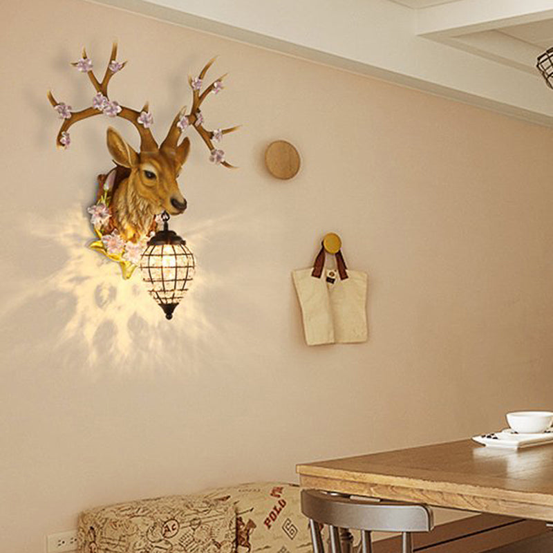 1 Light Resin Wall Lighting Country White/Yellow/Brown Deer Living Room Sconce Light Fixture with Teardrop Crystal Shade Clearhalo 'Wall Lamps & Sconces' 'Wall Lights' Lighting' 232231