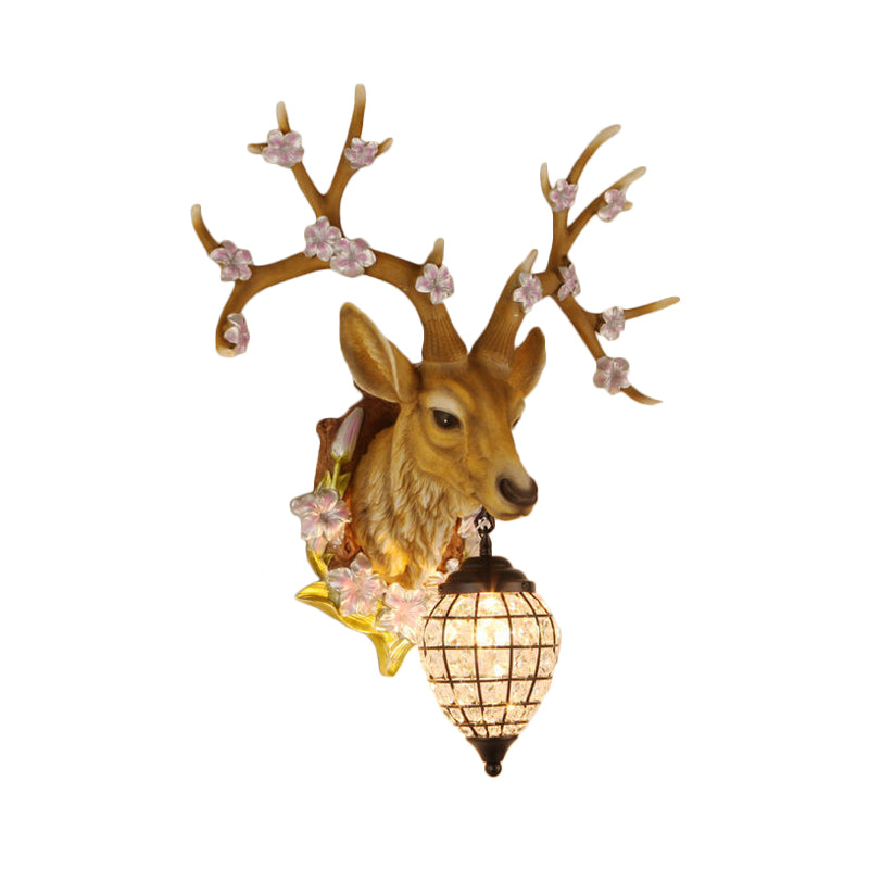 1 Light Resin Wall Lighting Country White/Yellow/Brown Deer Living Room Sconce Light Fixture with Teardrop Crystal Shade Clearhalo 'Wall Lamps & Sconces' 'Wall Lights' Lighting' 232232