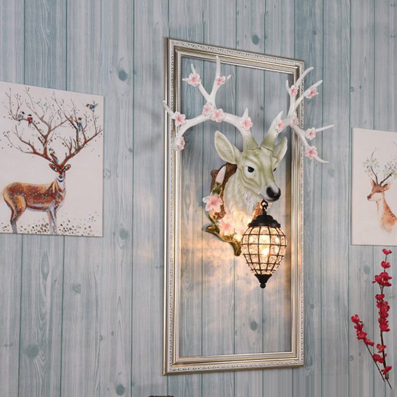 1 Light Resin Wall Lighting Country White/Yellow/Brown Deer Living Room Sconce Light Fixture with Teardrop Crystal Shade White Clearhalo 'Wall Lamps & Sconces' 'Wall Lights' Lighting' 232233