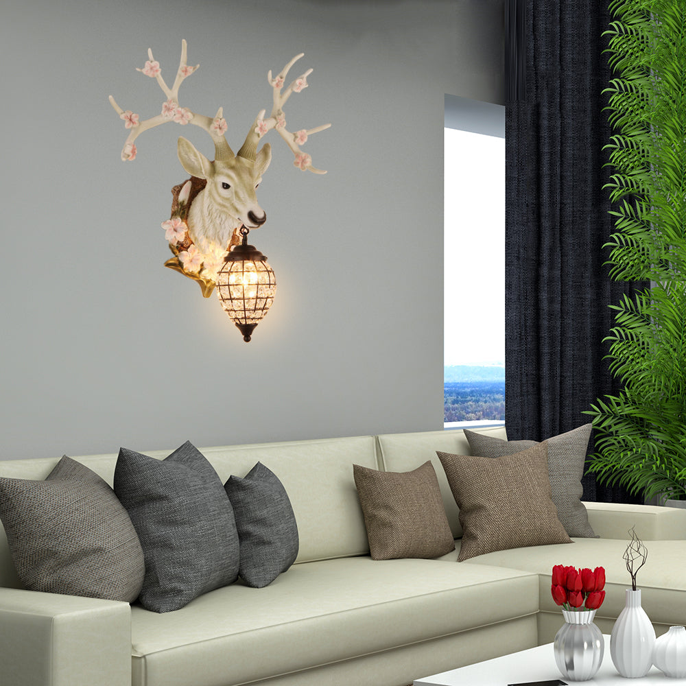 1 Light Resin Wall Lighting Country White/Yellow/Brown Deer Living Room Sconce Light Fixture with Teardrop Crystal Shade Clearhalo 'Wall Lamps & Sconces' 'Wall Lights' Lighting' 232234