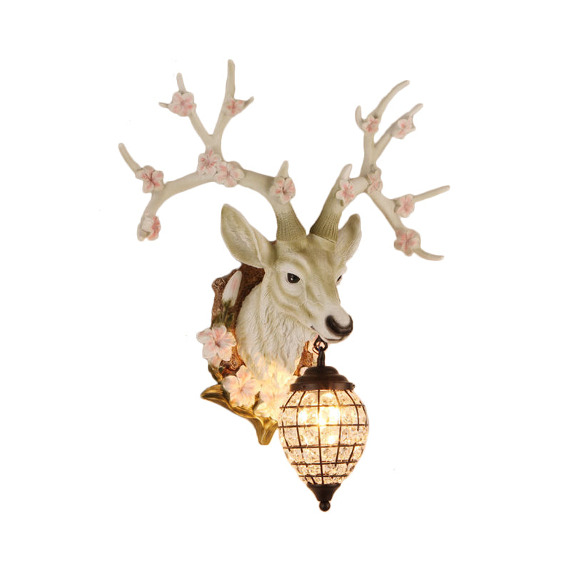 1 Light Resin Wall Lighting Country White/Yellow/Brown Deer Living Room Sconce Light Fixture with Teardrop Crystal Shade Clearhalo 'Wall Lamps & Sconces' 'Wall Lights' Lighting' 232235