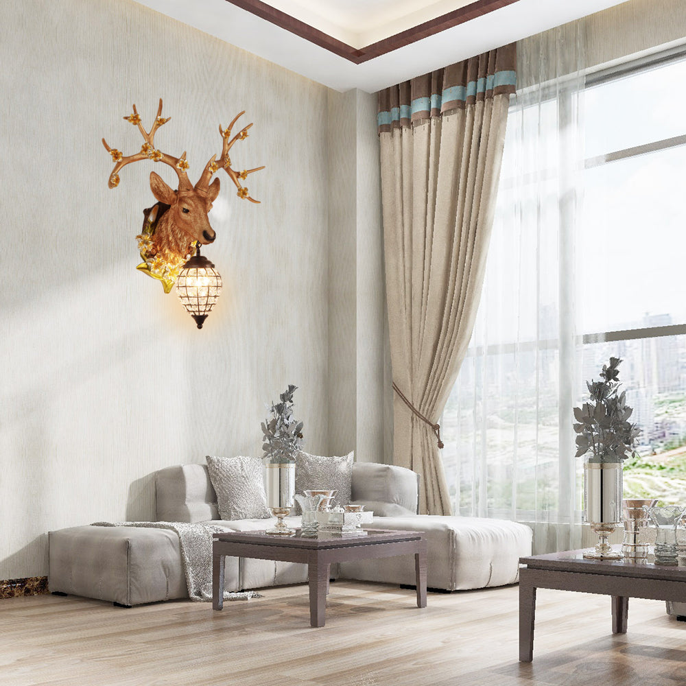 1 Light Resin Wall Lighting Country White/Yellow/Brown Deer Living Room Sconce Light Fixture with Teardrop Crystal Shade Gold Clearhalo 'Wall Lamps & Sconces' 'Wall Lights' Lighting' 232236